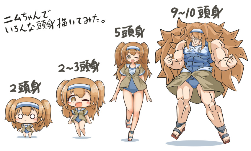 1girl asimo953 bangs blush breasts chibi closed_mouth clothes_writing commentary_request dragon_ball dragon_ball_(classic) eyebrows_visible_through_hair hair_between_eyes hairband highres i-26_(kantai_collection) kantai_collection light_brown_eyes light_brown_hair long_hair looking_at_viewer muscle muscular_female name_tag one-piece_swimsuit open_clothes open_mouth sailor_collar sandals school_swimsuit short_sleeves simple_background smile solo standing swimsuit swimsuit_under_clothes translation_request two-tone_hairband two_side_up white_background