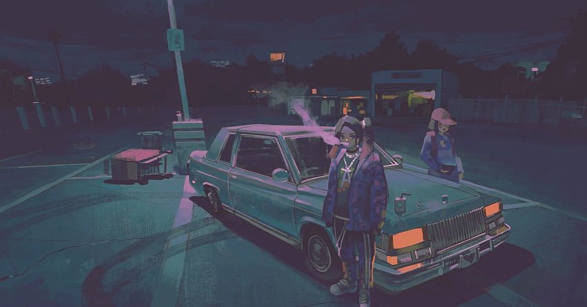 2girls baseball_cap black_hair car drink drinking_straw full_body glasses ground_vehicle hands_in_pockets hat heart jacket juice_box klegsart long_sleeves motor_vehicle multiple_girls night open_clothes open_jacket original outdoors parking_lot pink_hat power_lines shoes