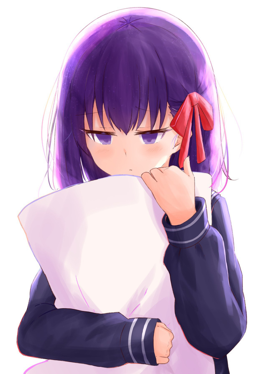 1girl bangs black_shirt blush commentary_request dress eyebrows_visible_through_hair fate/stay_night fate_(series) hair_ribbon half-closed_eyes highres long_hair long_sleeves looking_away looking_down matou_sakura parted_lips pillow pillow_hug pink_eyes red_ribbon ribbon shirt simple_background sleeves_past_wrists tsugumochi upper_body violet_eyes white_background