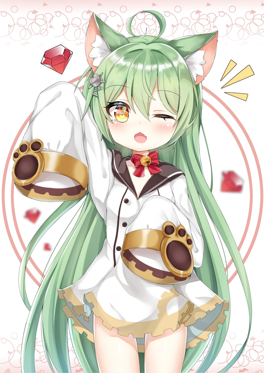 /\/\/\ 1girl absurdres ahoge akashi_(azur_lane) animal_ears arm_up azur_lane bell bow cat_ears chestnut_mouth eyebrows_visible_through_hair fang gem green_hair hair_between_eyes hair_ornament highres ju_(a793391187) long_hair long_sleeves looking_at_viewer one_eye_closed open_mouth paw_print red_bow sleeves_past_wrists solo thighs very_long_hair yellow_eyes