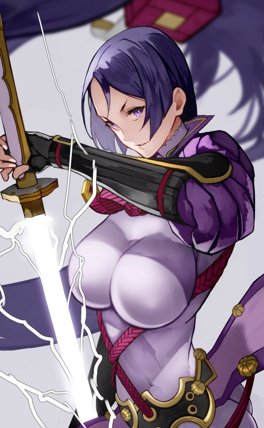 1girl absurdres armor blurry blurry_background bracer breasts fate/grand_order fate_(series) fingerless_gloves fingernails gloves highres hime_cut katana large_breasts lightning long_hair minamoto_no_raikou_(fate/grand_order) puffy_sleeves purple_hair solo sword violet_eyes weapon yoshi55level