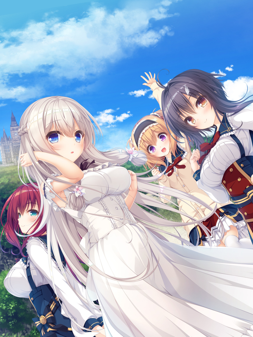 4girls :o absurdres aino_miori aqua_eyes arm_up black_hair blue_eyes blush braid brown_eyes day dress eyebrows_visible_through_hair french_braid game_cg hairband highres kimihara_yua long_hair long_sleeves looking_at_viewer mikagami_mamizu mishiro_arisu multiple_girls open_mouth orange_hair outdoors pieces_/_wataridori_no_somnium redhead short_hair skirt smile takanashi_tsumugi_(pieces) violet_eyes white_dress white_hair