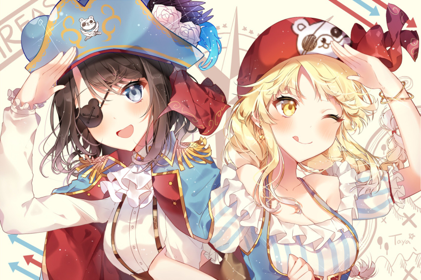 2girls :d ;q ascot bang_dream! bangs bear_eyepatch black_hair blonde_hair blue_cape blue_eyes blue_feathers blue_hat bracelet breasts cape character_print cleavage collarbone commentary_request directional_arrow earrings epaulettes eyepatch flower frilled_sleeves frills hat hat_feather hat_flower head_scarf jewelry locked_arms long_hair long_sleeves map_background medium_hair michelle_(bang_dream!) multiple_girls okusawa_misaki one_eye_closed open_mouth pirate pirate_hat print_hat rose salute shirt short_sleeves smile sparkle suspenders taya_5323203 tongue tongue_out tsurumaki_kokoro upper_body white_background white_flower white_rose white_shirt yellow_eyes