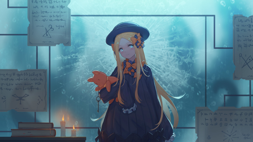 1girl abigail_williams_(fate/grand_order) absurdres bangs black_bow black_dress black_hat blonde_hair blue_eyes blush book bow bug burning butterfly candle closed_mouth commentary_request dress eyebrows_visible_through_hair fate/grand_order fate_(series) fire forehead hair_bow hat head_tilt highres insect key long_hair long_sleeves object_hug orange_bow parted_bangs polka_dot polka_dot_bow sleeves_past_fingers sleeves_past_wrists smile solo stuffed_animal stuffed_toy teddy_bear upper_body very_long_hair window yao_ren_gui