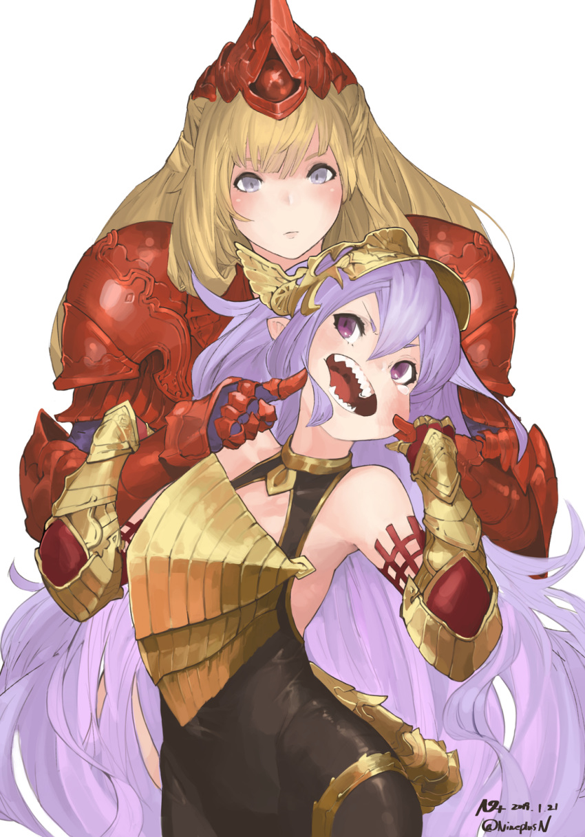 2girls armor athena_(granblue_fantasy) bangs blonde_hair bodysuit braid elbow_gloves gauntlets gloves granblue_fantasy headpiece helmet highres lavender_hair long_hair medusa_(shingeki_no_bahamut) multiple_girls n9+ pauldrons pointy_ears red_eyes very_long_hair