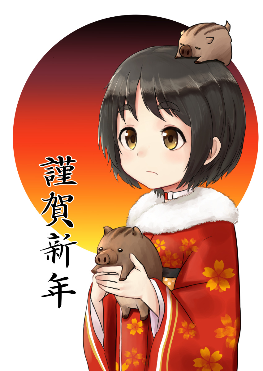 1girl absurdres animal bangs black_hair blush boar closed_mouth collar floral_print fur_trim highres holding holding_animal japanese_clothes kantai_collection kibitarou kimono long_sleeves maru-yu_(kantai_collection) new_year pig short_hair solo thick_eyebrows translation_request white_background yellow_eyes