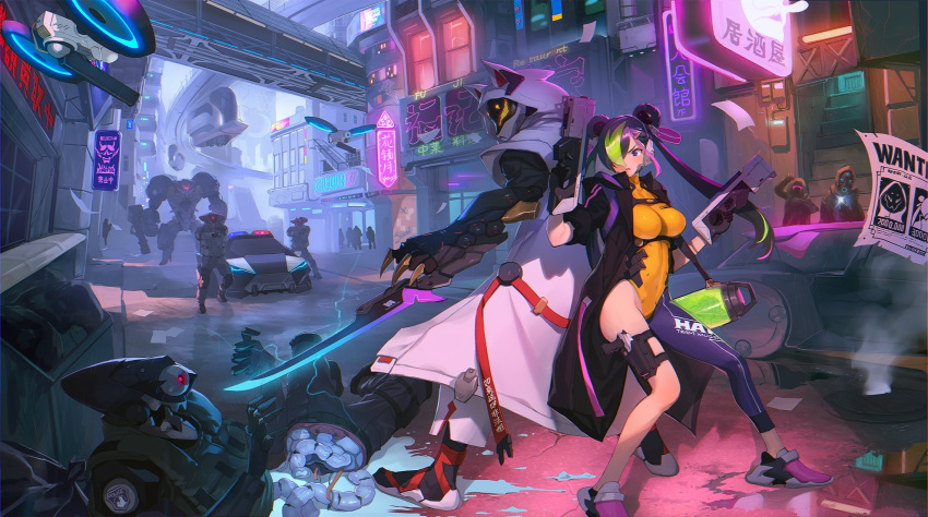 1girl 6+others android animal_hood asymmetrical_clothes back-to-back black_coat black_hair breasts car city coat cyberpunk double_bun dual_wielding framed_breasts green_hair ground_vehicle gun hair_ornament hairclip headset highres holding hood hooded_coat intestines large_breasts leotard mecha mhk_(mechamania) motor_vehicle multicolored_hair multiple_others neon_lights open_clothes open_coat orange_leotard original pink_hair poster_(object) robot science_fiction shoes single_pantsleg sneakers standing streaked_hair sword trash_can twintails wanted weapon white_coat
