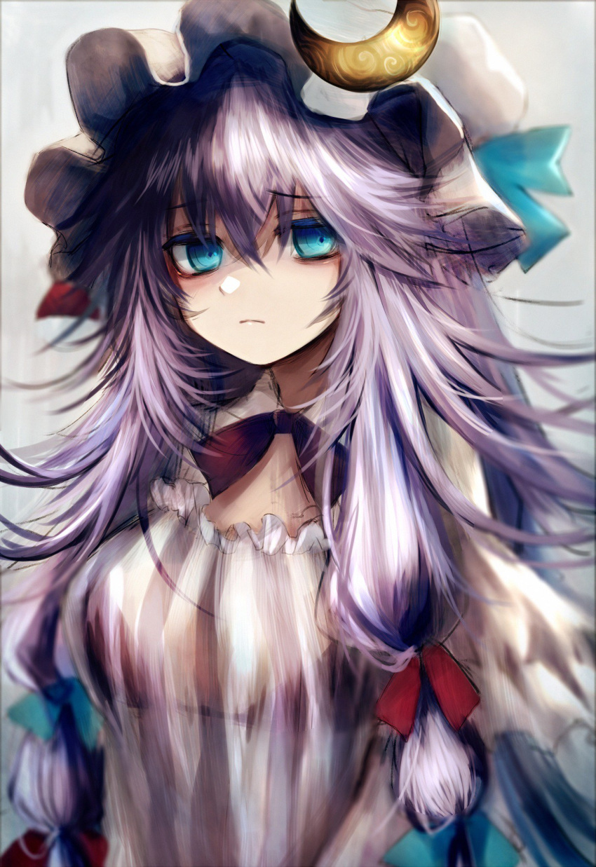 1girl alternate_eye_color bags_under_eyes bangs blue_eyes blue_ribbon breasts capelet colored_eyelashes commentary_request dress eyebrows_visible_through_hair grey_background hair_between_eyes hair_ribbon hat hat_ribbon highres large_breasts long_hair long_sleeves looking_at_viewer maho_moco messy_hair mob_cap patchouli_knowledge purple_dress purple_hair red_ribbon ribbon sidelocks simple_background solo striped touhou upper_body vertical-striped_dress vertical_stripes very_long_hair white_hat wide_sleeves