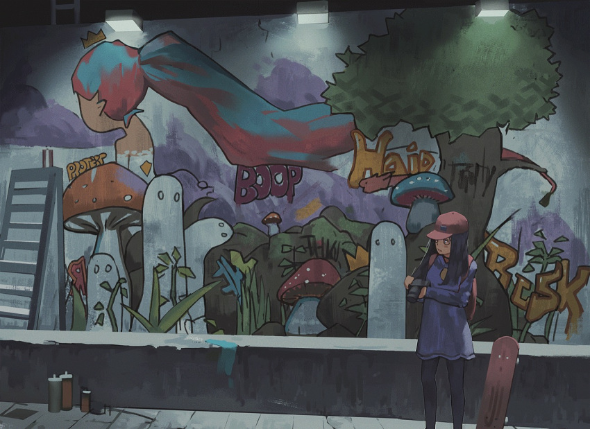 1girl aqua_hair backpack bag baseball_cap black_hair blush camera facing_away graffiti hat klegsart long_hair multicolored_hair mural mushroom original pink_backpack pink_hair pink_hat ponytail skateboard smile solo tree wall