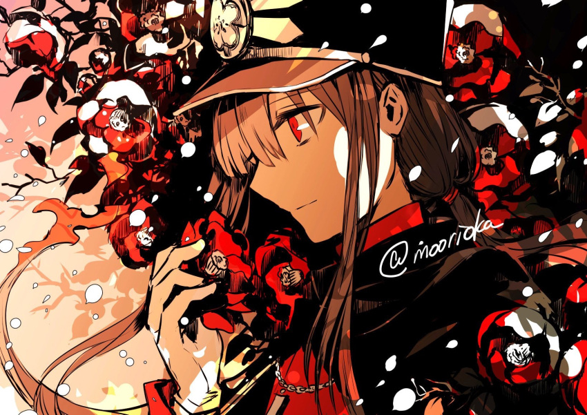 1boy black_hair black_hat cape closed_mouth dated eyebrows_visible_through_hair family_crest fate/grand_order fate_(series) flower from_side hat highres holding holding_flower long_hair long_sleeves military military_hat military_uniform monochrome oda_nobukatsu_(fate/grand_order) peaked_cap ponytail profile red_eyes rioka_(southern_blue_sky) solo twitter_username uniform