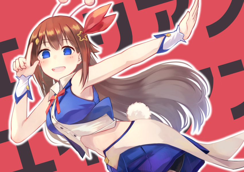 1girl :d background_text bare_shoulders blue_eyes blue_skirt blue_vest blush brat brown_hair collared_shirt commentary_request dress_shirt fangs hair_ornament hair_ribbon hand_up long_hair looking_at_viewer midriff navel open_mouth outstretched_hand pleated_skirt red_background red_ribbon ribbon shirt skirt sleeveless sleeveless_shirt smile solo star star_hair_ornament tokino_sora tokino_sora_channel translation_request very_long_hair vest virtual_youtuber white_shirt wrist_cuffs