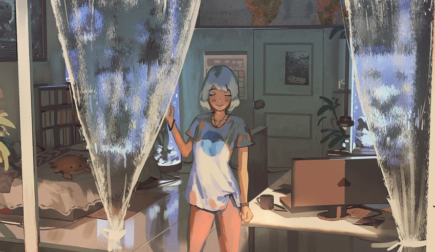 1girl aquarium bangs bare_legs bed blue_hair blush_stickers calendar_(object) check_character closed_eyes cowboy_shot crab cup curtains door earth-chan green_hair indoors jewelry klegsart map monitor multicolored_hair necklace original shirt short_hair smile solo standing t-shirt white_hair world_map