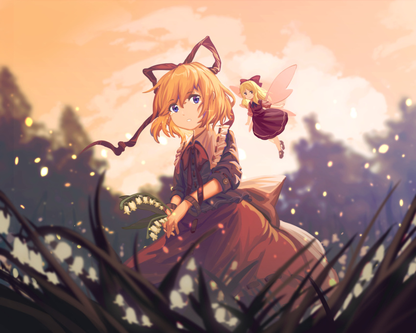 1girl blonde_hair blouse blue_eyes clouds dress eyebrows_visible_through_hair fairy_wings field flower flower_field from_below furahata_gen glint grass hair_between_eyes hair_ribbon highres holding holding_flower light_particles lily_of_the_valley long_hair looking_at_viewer medicine_melancholy orange_sky outdoors parted_lips red_blouse red_dress red_skirt ribbon short_hair skirt sky sleeves_past_elbows smile standing su-san tears touhou twilight wind wings