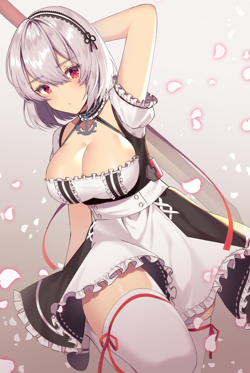 1girl anchor anchor_symbol apron arm_up arms_behind_back azur_lane bangs blush breasts brown_background cleavage collar expressionless eyebrows_visible_through_hair hair_between_eyes highres holding izumo_neru large_breasts leg_up looking_at_viewer maid_bikini petals puffy_short_sleeves puffy_sleeves red_eyes ribbon-trimmed_legwear ribbon_trim rigging shoes short_hair short_sleeves sidelocks sirius_(azur_lane) solo standing standing_on_one_leg thigh-highs weapon white_hair white_legwear