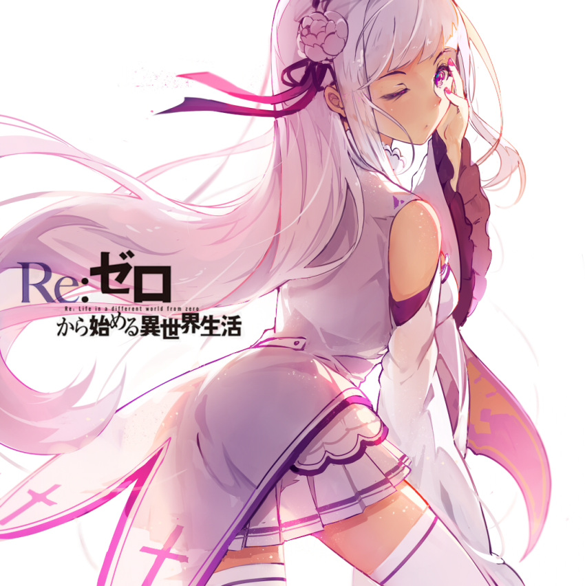 1girl baisi_shaonian copyright_name detached_sleeves emilia_(re:zero) floating_hair flower frilled_sleeves frills from_behind hair_flower hair_ornament hair_ribbon long_hair long_sleeves looking_at_viewer miniskirt nail_polish one_eye_closed pleated_skirt purple_ribbon re:zero_kara_hajimeru_isekai_seikatsu red_nails ribbon silver_hair simple_background sketch skirt solo thigh-highs very_long_hair violet_eyes white_background white_flower white_legwear white_skirt white_sleeves wide_sleeves zettai_ryouiki