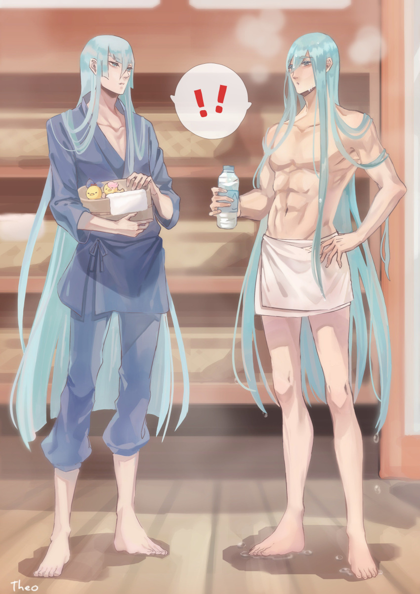 ! 2boys absurdres aqua_hair basin bottle chiyoganemaru hand_on_hip highres japanese_clothes kousetsu_samonji long_hair look-alike looking_at_another male_focus multiple_boys naked_towel spoken_exclamation_mark steam touken_ranbu towel very_long_hair water_bottle wooden_floor