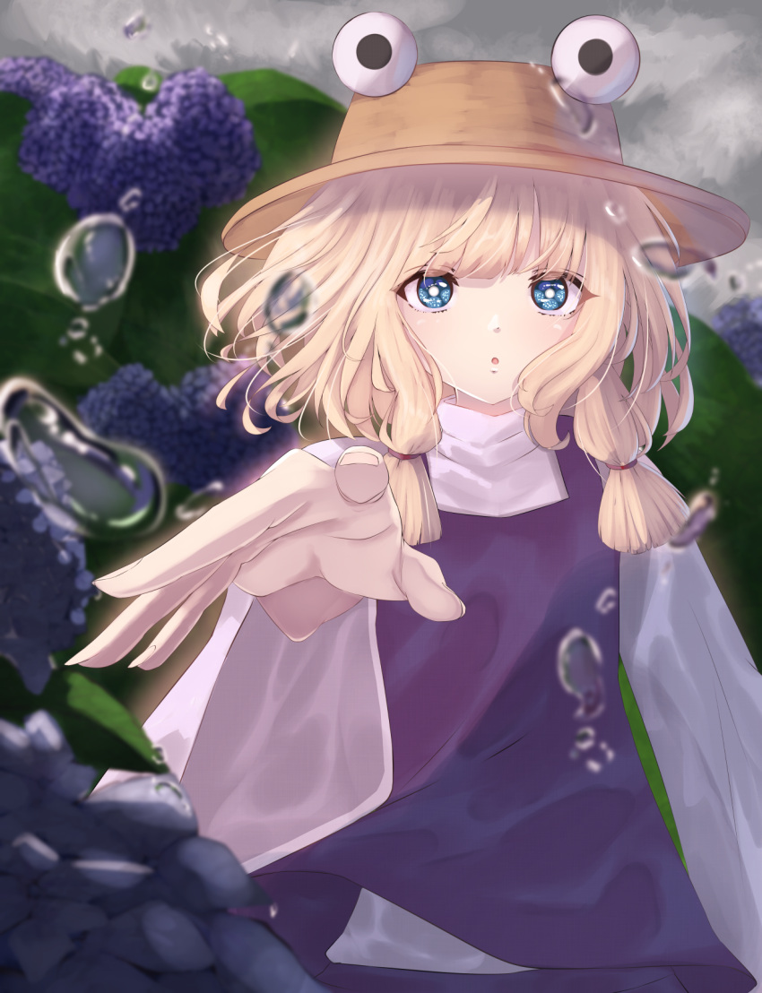 1girl :o arm_up bangs blonde_hair blue_eyes blue_skirt blue_vest blurry cacao_devil commentary_request day depth_of_field flower foreshortening hat high_collar highres hydrangea long_sleeves looking_at_viewer moriya_suwako outdoors overcast reaching_out shirt short_hair sidelocks skirt solo touhou upper_body vest water_drop white_shirt