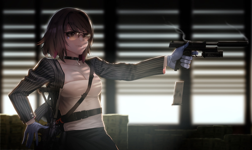 1girl absurdres assault_rifle backlighting bangs black_choker black_jacket black_skirt blazer blinds blurry breasts brown_eyes brown_hair choker cleavage closed_mouth collarbone commentary_request cover depth_of_field gloves gun handgun highres holding holding_gun holding_weapon ihobus indoors jacket jewelry korean_commentary long_sleeves magazine_(weapon) medium_breasts open_clothes open_jacket original rifle scope shirt shirt_tucked_in short_hair skirt smoke solo standing strap striped_jacket sunglasses weapon weapon_request white_gloves window yellow_shirt