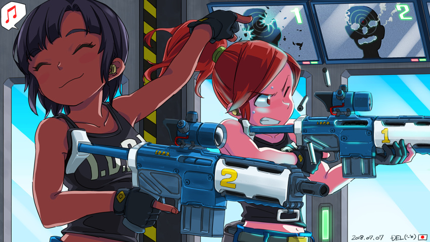 2girls artist_name assault_rifle beamed_eighth_notes black_gloves black_hair black_shirt blue_eyes blush_stickers breasts brown_hair clenched_teeth closed_eyes closed_mouth clothes_writing collarbone commentary dark_skin dated day del ear_protection eyebrows_visible_through_hair firing gloves gun highres indoors japanese_flag medium_breasts monitor multiple_girls musical_note navel nuclear_throne number one_eye_closed partly_fingerless_gloves pointing ponytail rifle rogue_(nuclear_throne) shell_casing shirt short_hair sleeveless sleeveless_shirt speech_bubble spoken_musical_note sweat teeth trigger_discipline weapon