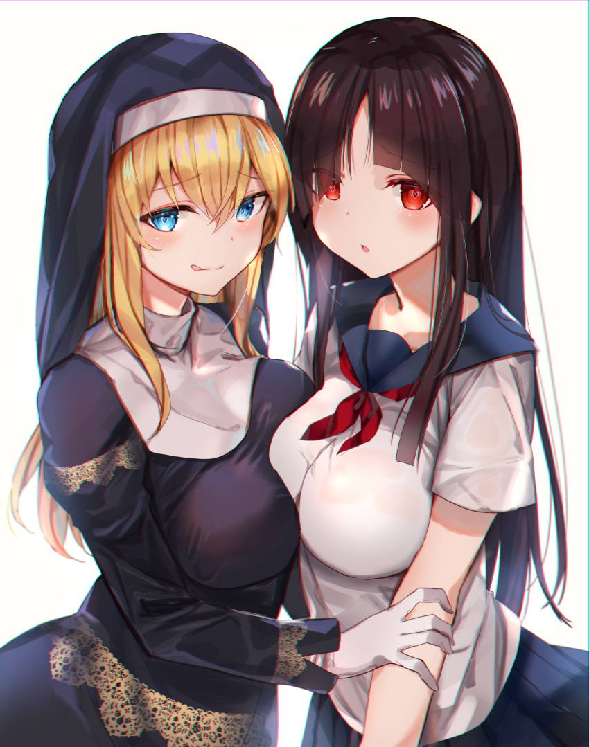 2girls :o :q amamitsu_kousuke bangs bare_arms blonde_hair blue_eyes blue_sailor_collar blue_skirt blush breast_press breasts brown_hair closed_mouth collarbone eyebrows_visible_through_hair gloves habit hair_between_eyes heart heart-shaped_pupils highres large_breasts long_hair long_sleeves looking_at_viewer miniskirt multiple_girls neckerchief nun original parted_lips pleated_skirt red_eyes red_neckwear sailor_collar school_uniform serafuku shirt short_sleeves sidelocks skirt sleeves_past_wrists smile symbol-shaped_pupils symmetrical_docking tongue tongue_out upper_body white_background white_gloves white_shirt