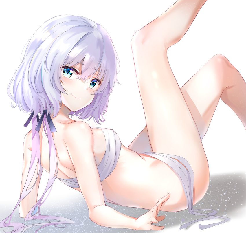 1girl absurdres bangs bare_arms bare_legs bare_shoulders black_ribbon blue_eyes blush breasts closed_mouth commentary eyebrows_visible_through_hair feet_out_of_frame hair_between_eyes hair_ribbon head_tilt highres knees_up konno_junko leg_up long_hair looking_at_viewer looking_back low_twintails reclining revision ribbon sarashi shadow shoulder_blades simple_background small_breasts smile solo sunhyun thighs twintails white_background white_hair zombie_land_saga