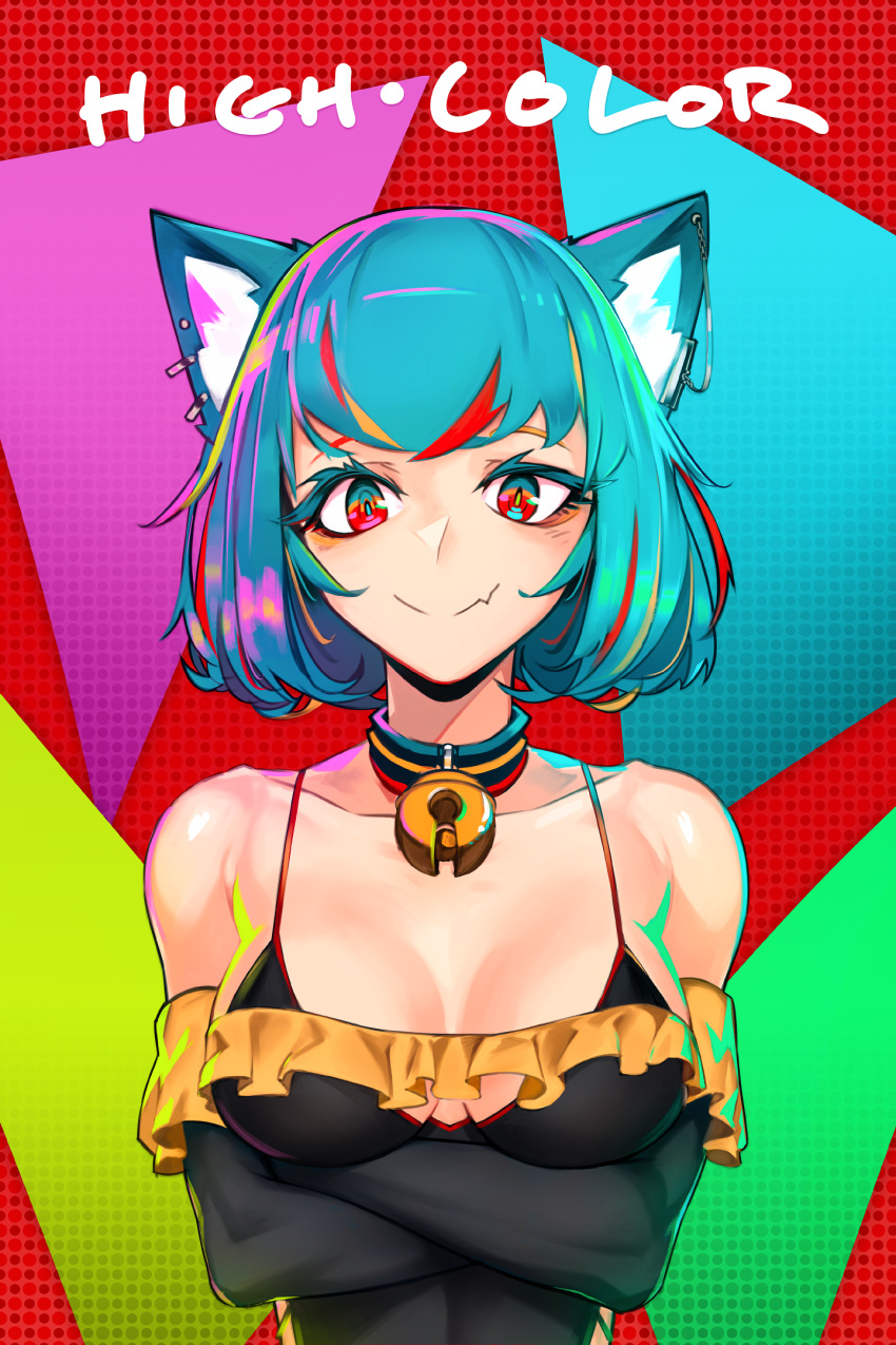 1girl animal_ears aqua_hair bangs bare_shoulders bell bell_choker black_dress black_gloves breasts cat_ears choker cleavage collarbone crossed_arms deel_(rkeg) dress ear_piercing earrings elbow_gloves fang frills gloves highres jewelry large_breasts multicolored multicolored_eyes multicolored_hair original piercing short_hair smile solo spaghetti_strap