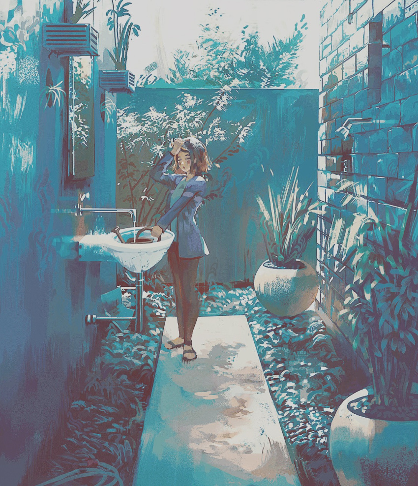 1girl blush_stickers brick_wall closed_eyes full_body hand_on_own_head highres klegsart long_sleeves original parted_lips plant reflection sandals short_hair sink solo standing tree watering_can