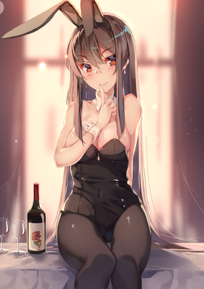 1girl animal_ears black_hair black_legwear bottle breasts brown_eyes bunny_girl bunnysuit cleavage commentary_request cowboy_shot cup curtains detached_collar drinking_glass finger_to_mouth glass highres index_finger_raised large_breasts long_hair original pantyhose rabbit_ears sitting solo table thigh_gap wine_bottle wine_glass wrist_cuffs yumemi_(kiowa)