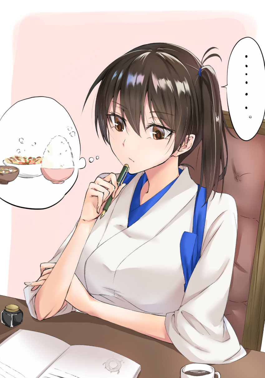 1girl batabata0015 bowl brown_eyes brown_hair chair cup desk enemy_lifebuoy_(kantai_collection) food highres hungry japanese_clothes kaga_(kantai_collection) kantai_collection pink_background rice_bowl side_ponytail sitting solo speech_bubble thinking thought_bubble