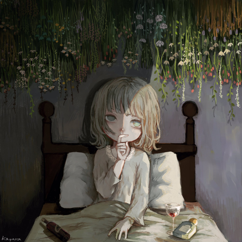 1girl aqua_eyes bangs bed bed_sheet blood blue_flower bottle commentary_request covered_mouth cup drinking_glass finger_to_mouth flower gloomy_goat hanging_from_ceiling highres light_brown_hair long_sleeves nosebleed original pillow pink_flower purple_flower red_flower shirt short_hair signature sitting solo white_flower white_shirt wine_glass yellow_flower