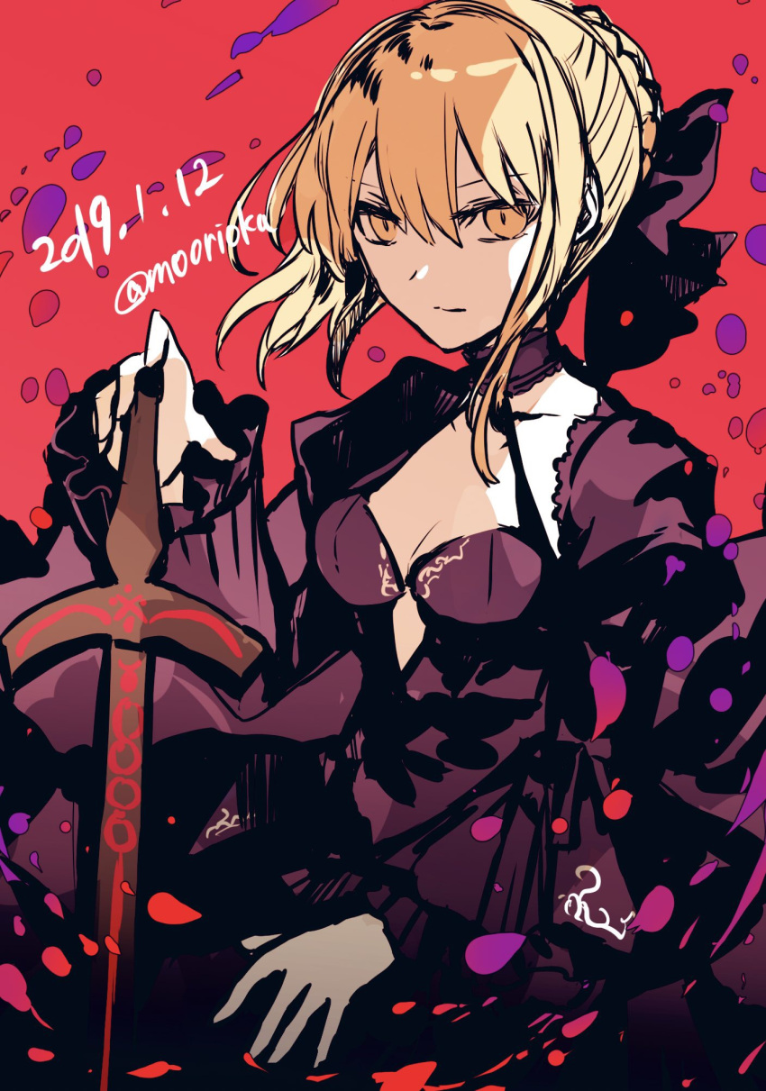 1girl artoria_pendragon_(all) black_dress black_ribbon blonde_hair braid breasts cleavage closed_mouth collarbone dark_excalibur dated dress eyebrows_visible_through_hair fate/grand_order fate_(series) french_braid frilled_sleeves frills gothic_lolita hair_bun hair_ribbon halter_dress highres holding holding_sword holding_weapon lolita_fashion long_hair long_sleeves medium_breasts red_background ribbon rioka_(southern_blue_sky) saber_alter serious solo sword twitter_username upper_body weapon yellow_eyes