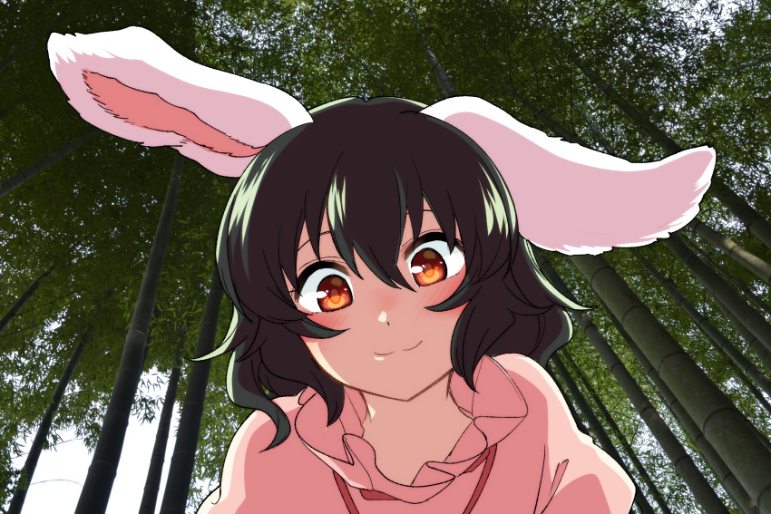 1girl :3 animal_ears bamboo bamboo_forest bangs black_hair blush commentary_request dress forest from_below hair_between_eyes highres inaba_tewi looking_at_viewer mana_(tsurubeji) nature outdoors photo_background pink_dress portrait puffy_short_sleeves puffy_sleeves rabbit_ears red_eyes short_hair short_sleeves smile solo touhou