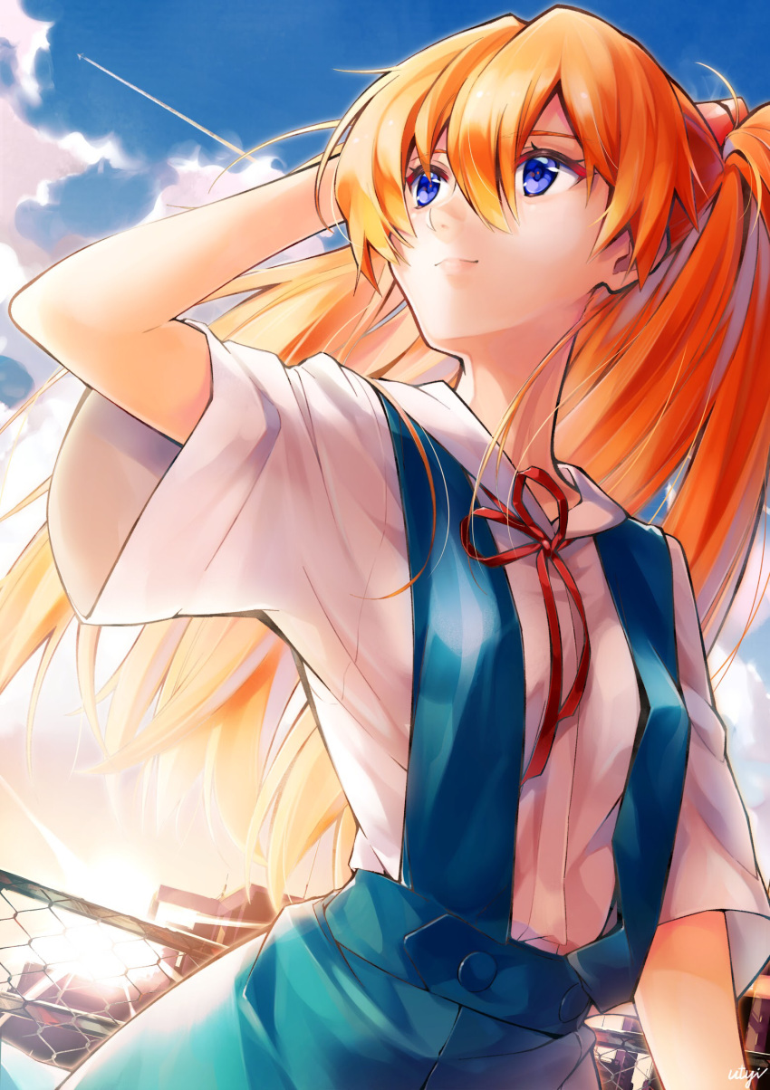 1girl bangs blue_eyes blue_skirt blue_sky building chain-link_fence closed_mouth clouds commentary_request fence hair_between_eyes highres long_hair looking_up neon_genesis_evangelion orange_hair outdoors red_neckwear red_ribbon ribbon shirt short_sleeves skirt sky souryuu_asuka_langley sunlight suspender_skirt suspenders utayoi_(umakatare) white_shirt
