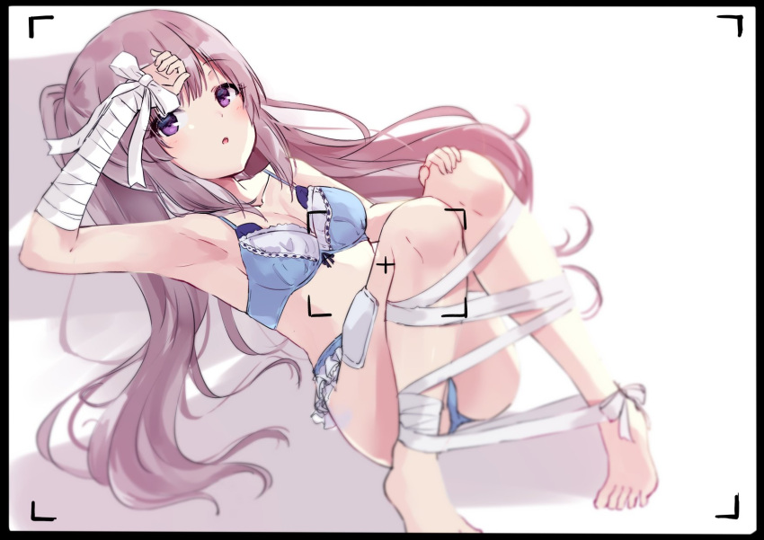 1girl :o armpits ass bandage bandaged_arm bandaged_leg bandages bandaid_on_leg bangs bare_shoulders barefoot blue_bra blue_panties blurry bra breasts cleavage collarbone depth_of_field frilled_panties frills hand_up highres idolmaster idolmaster_shiny_colors knees_up long_hair looking_at_viewer lying minikon on_back panties parted_lips sidelocks silver_hair small_breasts solo twintails underwear underwear_only very_long_hair violet_eyes yuukoku_kiriko