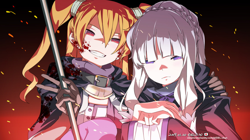 2girls artist_name blood blood_on_face bloody_clothes braid cape closed_mouth commentary dated del embers evil_grin evil_smile fault grin hair_between_eyes hand_on_another's_shoulder highres holding holding_staff japanese_flag koko_(fault) long_hair looking_at_viewer mharie multiple_girls number own_hands_together red_eyes smile staff two_side_up upper_body v violet_eyes watermark web_address white_hair