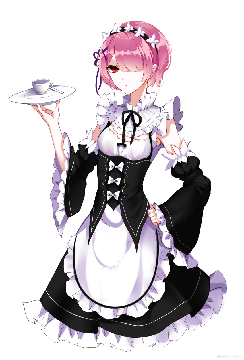 1girl absurdres apron bad_id bad_pixiv_id bare_shoulders black_bow black_hairband black_neckwear black_ribbon black_skirt bow breasts cowboy_shot cup detached_sleeves eyebrows_visible_through_hair frilled_apron frilled_shirt_collar frilled_sleeves frills hair_over_one_eye hair_ribbon hairband hand_on_hip hand_up highres holding holding_plate juliet_sleeves long_sleeves looking_at_viewer maid maid_apron maid_headdress neck_ribbon petticoat pink_hair plate puffy_sleeves purple_ribbon ram_(re:zero) re:zero_kara_hajimeru_isekai_seikatsu red_eyes ribbon sheya short_hair simple_background skirt skirt_set small_breasts solo standing teacup waist_apron white_apron white_background white_bow wide_sleeves