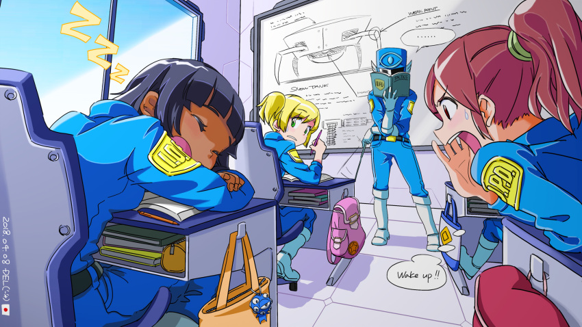 ... 3girls artist_name black_hair blue_eyes blush book brown_eyes brown_hair chair classroom closed_eyes commentary dark_skin dated day del desk english_commentary english_text eyes_(nuclear_throne) gloves green_eyes highres holding holding_book holding_pencil indoors inspector_(nuclear_throne) japanese_flag keychain looking_at_another looking_back multiple_girls nuclear_throne number office_chair open_book open_mouth pencil pencil_case pointer ponytail profile rogue_(nuclear_throne) school_desk short_hair sitting sleeping snow_tank speech_bubble spoken_ellipsis standing sweatdrop thought_bubble twintails uniform white_gloves window zzz