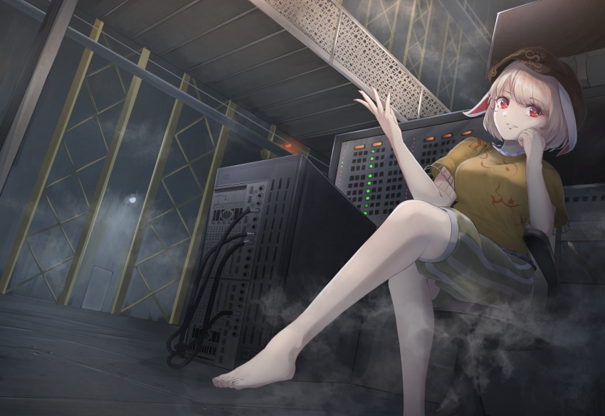 1girl animal_ears arm_up bangs bare_legs barefoot blonde_hair breasts cacao_devil catwalk chair commentary_request elbow_rest eyebrows_visible_through_hair flat_cap floppy_ears foot_out_of_frame from_below hat head_rest highres indoors leg_lift looking_at_viewer medium_breasts parted_lips rabbit_ears red_eyes ringo_(touhou) server shirt short_hair short_sleeves shorts sitting smile smoke solo striped striped_shorts swept_bangs touhou warehouse yellow_shirt