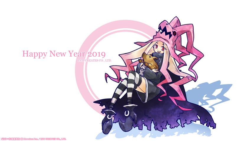 1girl boar dragon:_marked_for_death gradient_hair hat highres inti_creates long_hair looking_at_viewer multicolored_hair new_year official_art open_mouth pink_eyes simple_background smile striped striped_legwear thigh-highs very_long_hair wallpaper watermark white_background witch_(dmfd) witch_hat