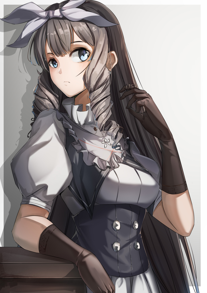 1girl absurdres alternate_costume bangs black_hair blue_eyes blush brown_gloves buttons collar corset curly_hair drill_hair frilled_collar frills girls_frontline gloves grey_background hair_between_eyes hair_ribbon hands highres howa_type_64_(girls_frontline) long_hair looking_at_viewer pixiv_id_12457925 puffy_short_sleeves puffy_sleeves ribbon shadow short_sleeves sidelocks solo two-tone_background very_long_hair white_ribbon