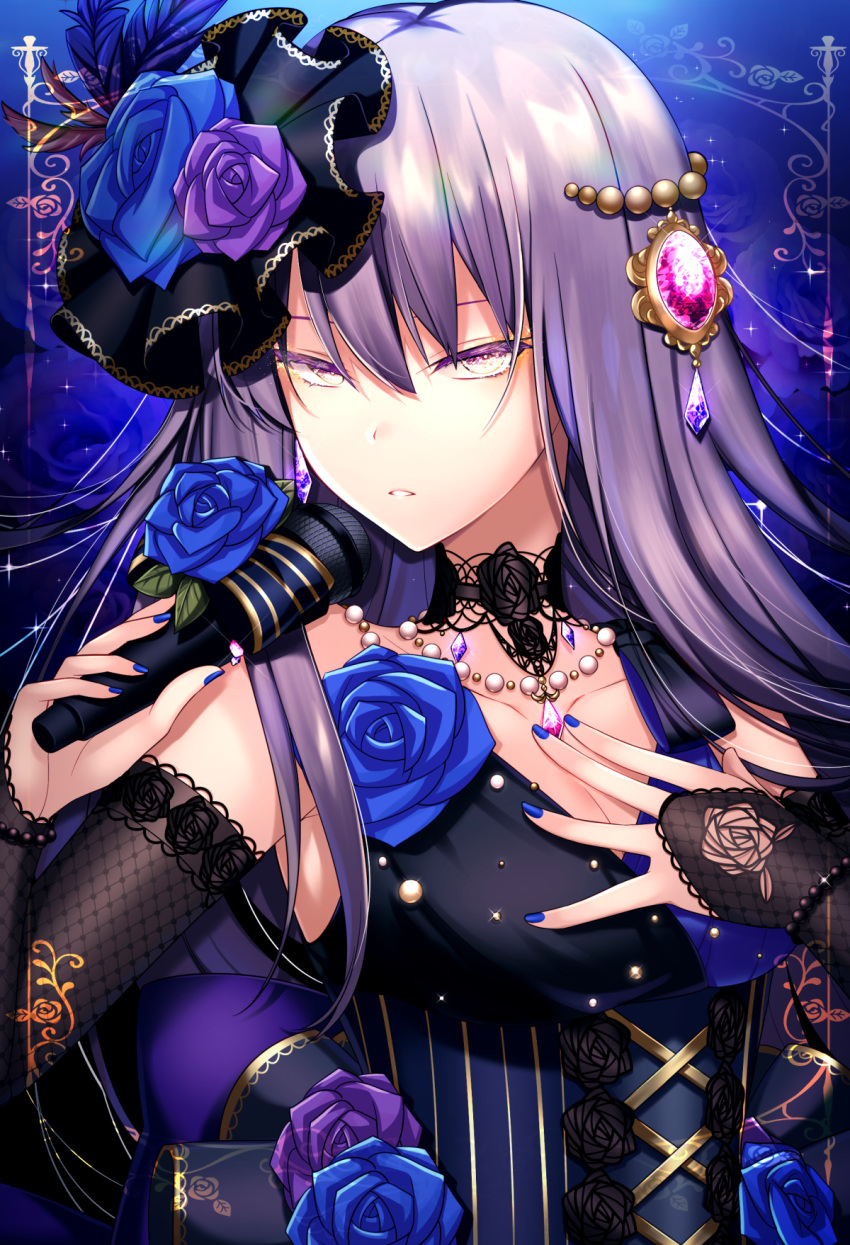 1girl bang_dream! black_sleeves blue_flower blue_nails blue_rose breasts choker cleavage collarbone corset detached_sleeves flower hair_between_eyes hair_flower hair_ornament highres holding holding_microphone long_hair long_sleeves medium_breasts microphone minato_yukina nail_polish parted_lips ponita purple_flower purple_rose rose shiny shiny_hair silver_hair solo upper_body