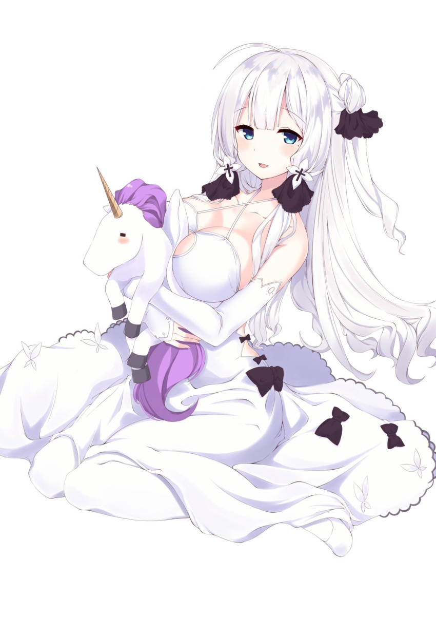 1girl ahoge artist_request azur_lane bangs bare_shoulders black_ribbon blue_eyes blush bow breasts cleavage collarbone commentary_request cosplay dress elbow_gloves eyebrows_visible_through_hair gloves hair_bun hair_ribbon highres illustrious_(azur_lane) large_breasts long_hair looking_at_viewer mole mole_under_eye parted_lips ribbon simple_background sitting smile solo stuffed_animal stuffed_toy stuffed_unicorn unicorn_(azur_lane) unicorn_(azur_lane)_(cosplay) white_background white_dress white_footwear white_gloves white_hair white_legwear