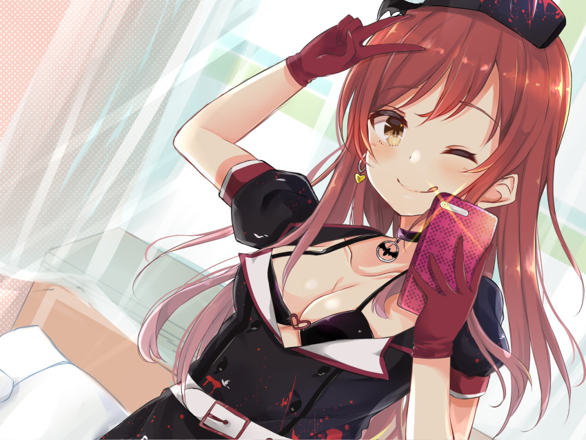 1girl amidada arm_up bangs belt black_bra black_choker black_hat black_shirt blush bra breasts brown_eyes brown_hair cellphone choker cleavage closed_mouth collarbone curtains double-breasted dutch_angle earrings eyebrows_visible_through_hair glint gloves hand_up hat heart heart_earrings highres holding holding_phone idolmaster idolmaster_shiny_colors indoors jewelry long_hair looking_at_viewer medium_breasts one_eye_closed oosaki_amana phone puffy_short_sleeves puffy_sleeves red_gloves shirt short_sleeves sidelocks smartphone smile solo taking_picture tongue tongue_out underwear upper_body v window wing_collar