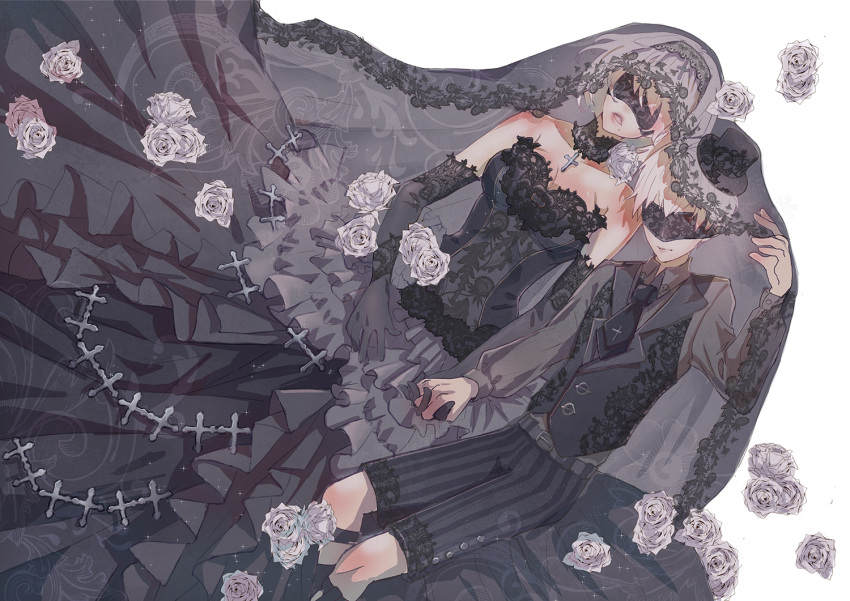 1boy 1girl bare_shoulders black_dress black_gloves black_hat black_neckwear black_shirt black_shorts breasts cleavage covered_eyes cross dress elbow_gloves facing_viewer flower gloves hand_holding hand_up hat lace long_sleeves medium_breasts mole mole_under_mouth nier_(series) nier_automata sasa_(0xxlinxx0) shirt short_hair shorts striped striped_shorts veil vest white_flower white_hair yorha_no._2_type_b yorha_no._9_type_s