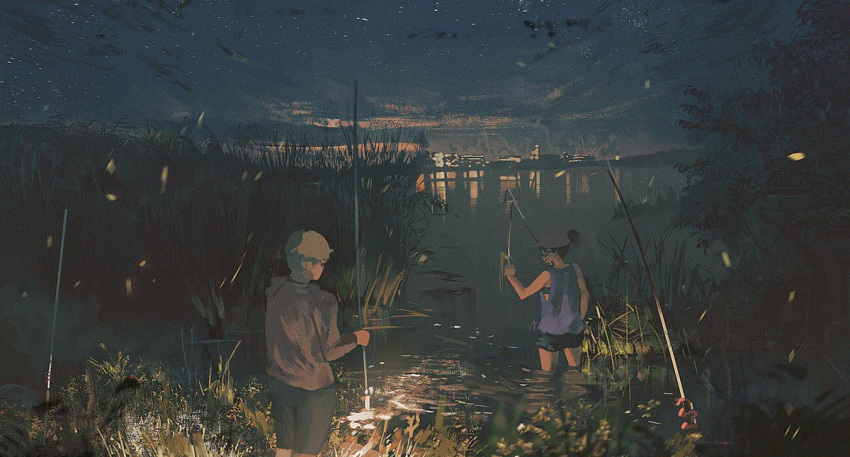 1boy 1girl baseball_cap blonde_hair brown_hair cityscape clouds from_behind grass hat klegsart long_sleeves night night_sky original outdoors partially_submerged ponytail reflection scenery shorts sky sleeveless star_(sky) starry_sky teeth water