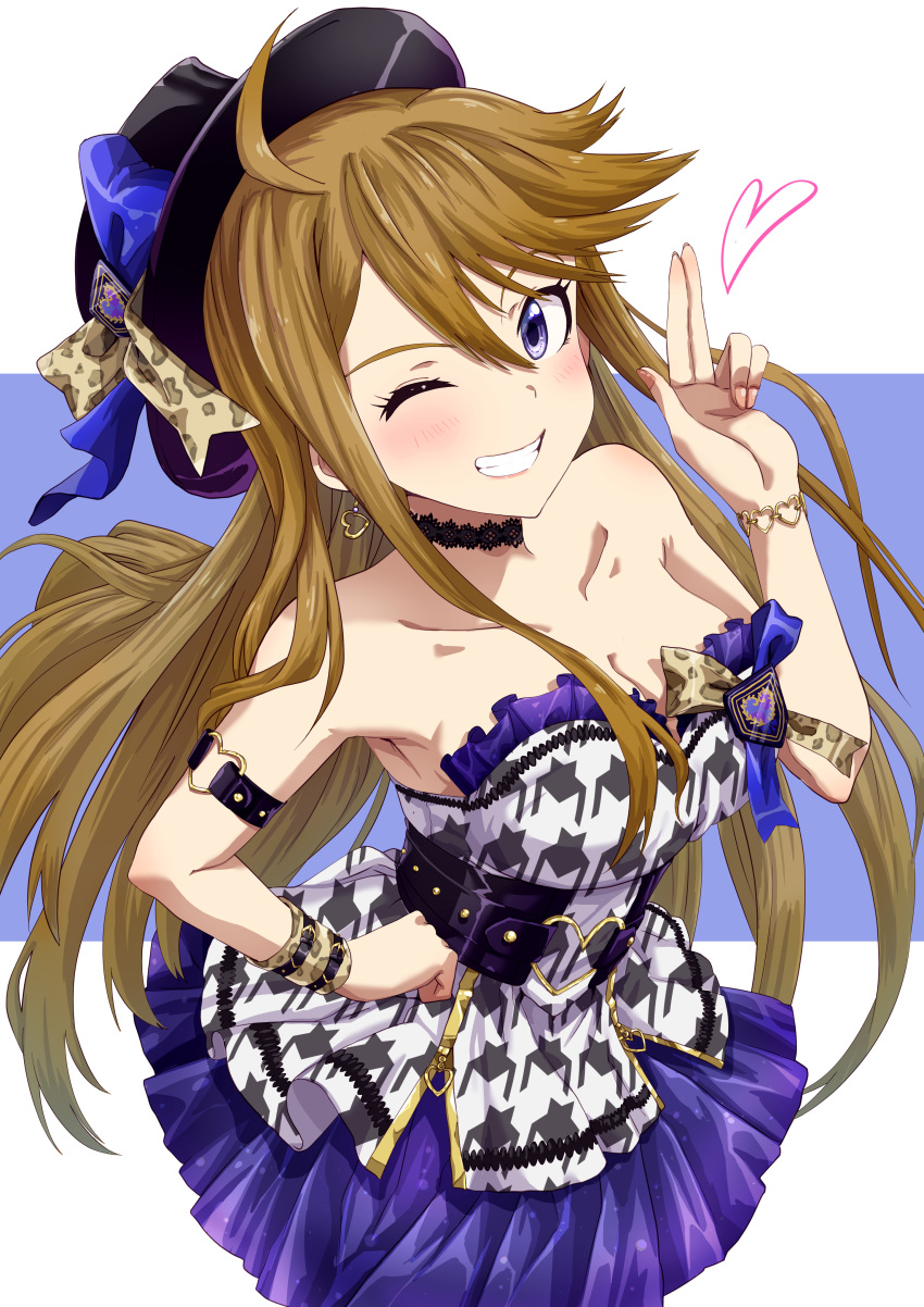 1girl absurdres arm_strap black_hat blue_bow blue_eyes blue_skirt bow bracelet breasts brown_hair choker cleavage collarbone earrings floating_hair grin hair_between_eyes hand_on_hip hat hat_bow heart heart_earrings highres idolmaster idolmaster_million_live! jewelry long_hair looking_at_viewer medium_breasts miniskirt one_eye_closed pleated_skirt run_p_(aveton) skirt smile solo standing strapless tokoro_megumi very_long_hair