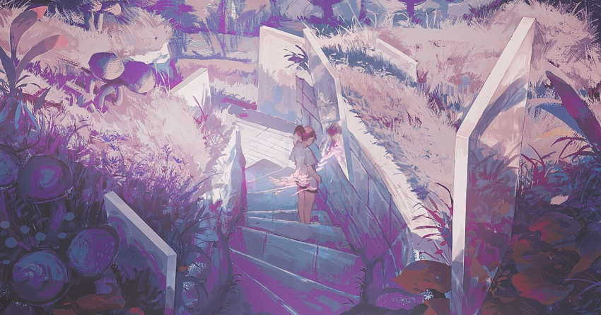 1girl brick_wall facing_away floating floating_object full_body grass klegsart leaf mirror mushroom original outdoors plant ponytail reflection scenery shirt short_sleeves solo stairs standing t-shirt white_shirt
