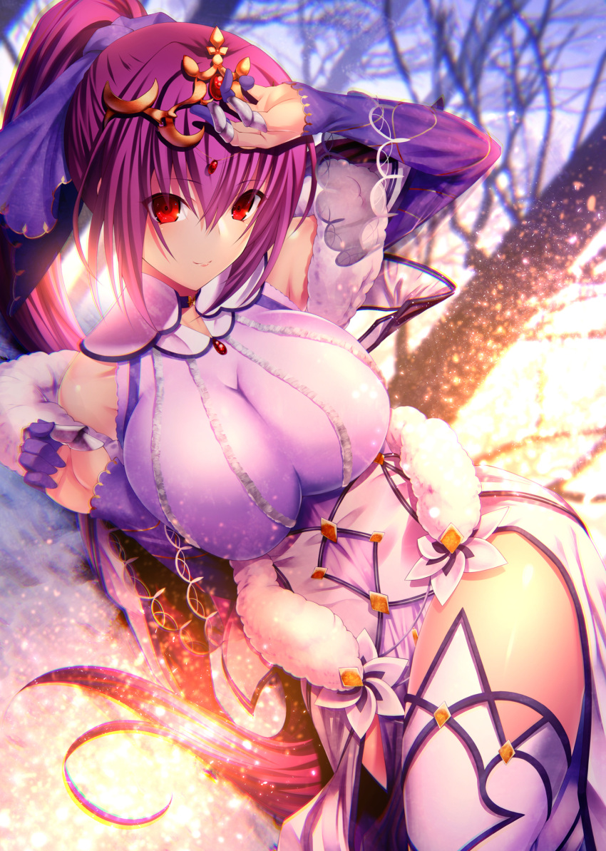 1girl bangs bare_shoulders blush boots breasts closed_mouth detached_sleeves dress emanon123 fate/grand_order fate_(series) finger_gloves forehead_jewel fur_trim hair_between_eyes hand_up highres large_breasts light_particles long_hair looking_at_viewer lying on_side outdoors ponytail purple_dress purple_footwear purple_hair red_eyes scathach_(fate)_(all) scathach_skadi_(fate/grand_order) sidelocks smile solo taut_clothes taut_dress thigh-highs thigh_boots thighs tiara very_long_hair