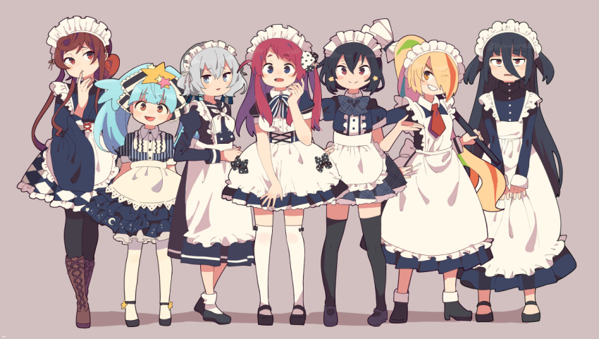 6+girls alternate_costume apron aqua_hair black_footwear black_hair black_legwear blonde_hair blue_dress blue_eyes blue_hair boots brown_footwear brown_hair cross-laced_footwear dress duster enmaided eyebrows_visible_through_hair frilled_apron frills full_body grey_background grin hair_between_eyes hair_ornament hair_over_one_eye hoshikawa_lily japanese_clothes konno_junko lace-up_boots long_hair looking_at_viewer low_twintails maid maid_headdress mary_janes minamoto_sakura mizuno_ai multicolored_hair multiple_girls nakkasu nikaidou_saki pantyhose ponytail redhead shoes short_hair silver_hair simple_background smile standing star star_hair_ornament streaked_hair thigh-highs twintails wa_maid white_apron yamada_tae yuugiri_(zombie_land_saga) zombie_land_saga