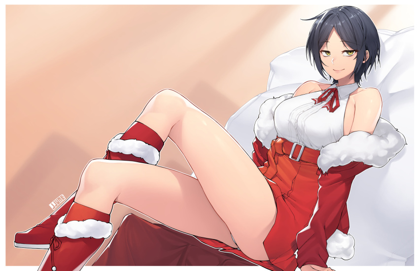 1girl black_hair boots fur_trim hayami_kanade high-waist_skirt highres idolmaster idolmaster_cinderella_girls jjune legs legs_crossed off_shoulder panties panty_peek santa_costume short_hair signature sitting skirt sleeveless solo underwear yellow_eyes